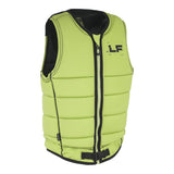 Angled front view of the Mod Comp Vest in neon green with black zipper, logo, and buckle detail.