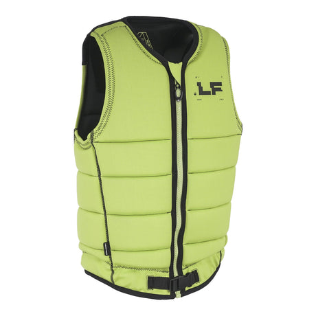 Angled front view of the Mod Comp Vest in neon green with black zipper, logo, and buckle detail.