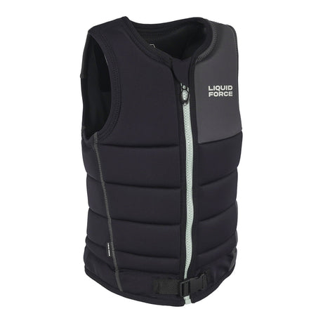 Angled front view of the black Women's Rogue Comp Vest with contrast gray panel and chest logo.