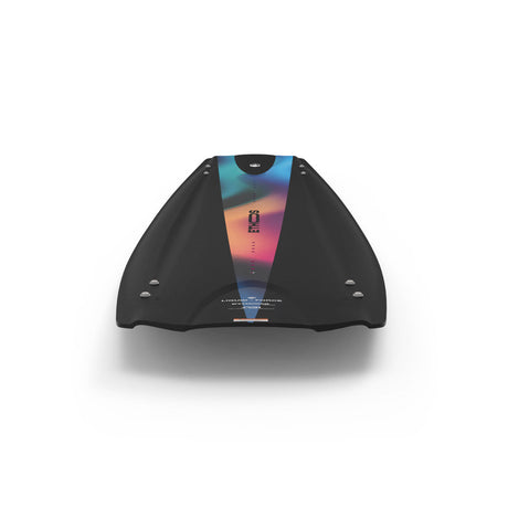 Rear view of Ethos wakeboard base with gradient stripe and fin mounts.