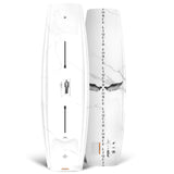Top and base view of Grail wakeboard with white marble design and black vertical graphics.