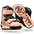 Angled view of Hook 6X binding in coral with black straps and matching sole.