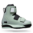Side view of Hook 6X binding in sage green with black straps and white accent detail.