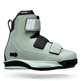 Side view of Hook 6X binding in sage green with black straps and white accent detail.