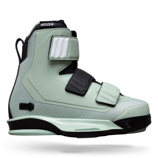 Side view of Hook 6X binding in sage green with black straps and white accent detail.