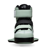 Front view of Hook 6X binding in sage green with triple strap closure.