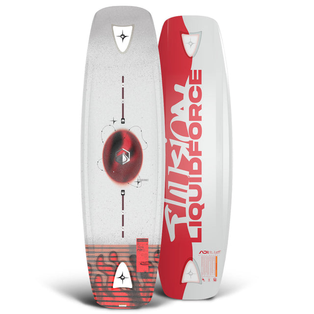 Illusion wakeboard with white deck and red gradient details, top and base shown.