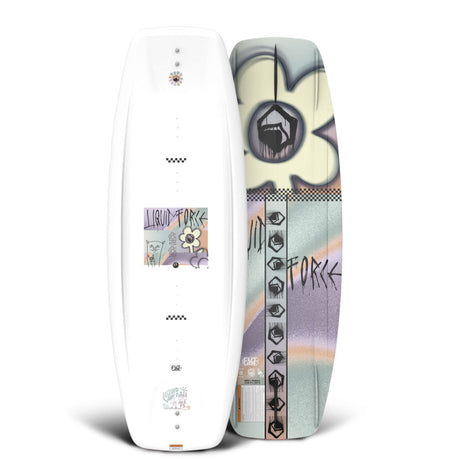 Front and base view of the M.E. FS wakeboard in white with pastel graffiti design.