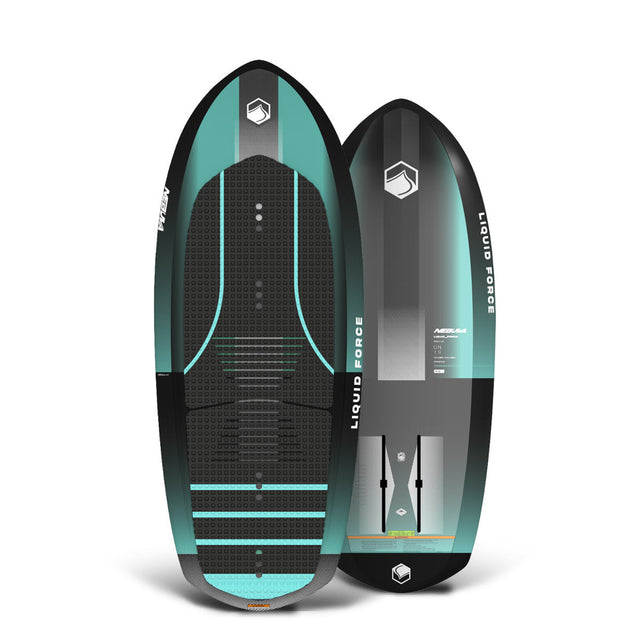 Top and base view of Nebula foil board in black and teal with textured deck and logo near nose.