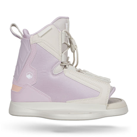Side view of Plush 6R white lilac binding with closed laces.