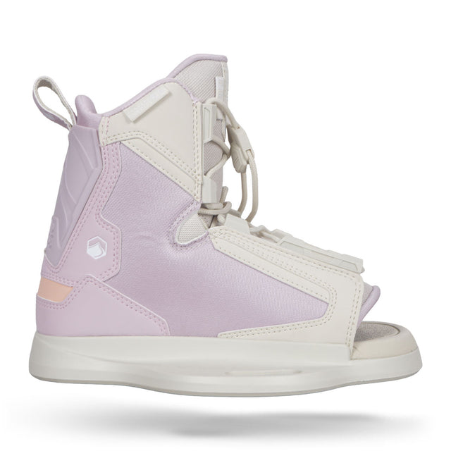 Side view of Plush 6R white lilac binding with closed laces.