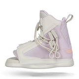 Angled side view of Plush 6R white lilac binding with laces visible.