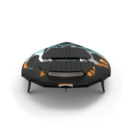 Rear view of Primo FS wakesurf board with traction pads and dual fin setup visible.