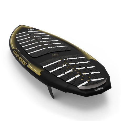 Angled view of Primo board deck showing black traction pads with white stripes.