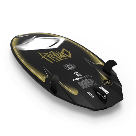 Bottom view of Primo board featuring gold and white graphics with fins and logo details.