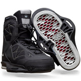 Angled view of Rival 6X binding in black with white sole and red footbed detail.