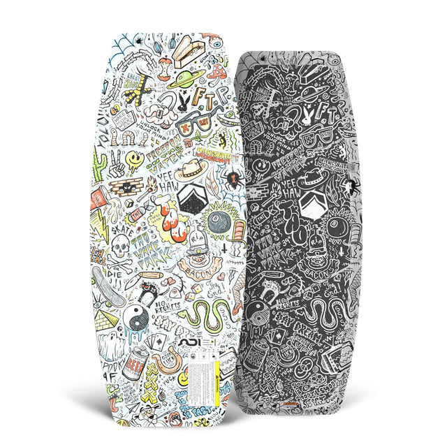 Front and back of 41" TAO Skate wakeskate featuring colorful and black doodle art graphics.
