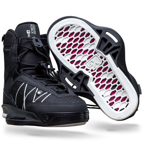 Angled view of TAO 6X binding in black with white sole and pink footbed detail.