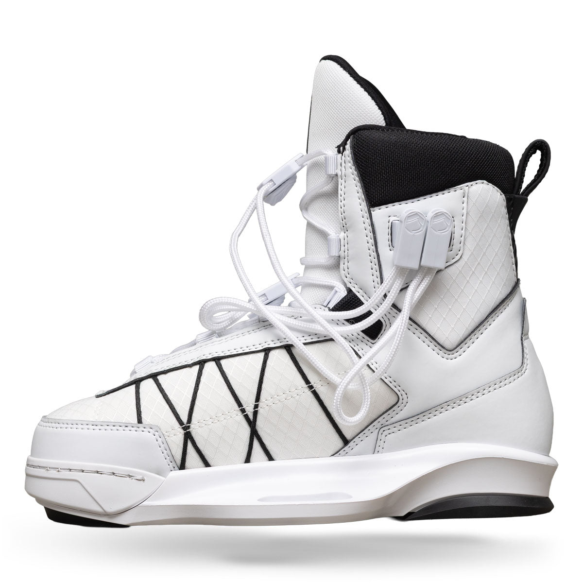 Opposite side view of TAO 6X binding in white with quilted panels and black stitching.