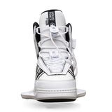 Front view of TAO 6X binding in white with laces and black stitching detail.