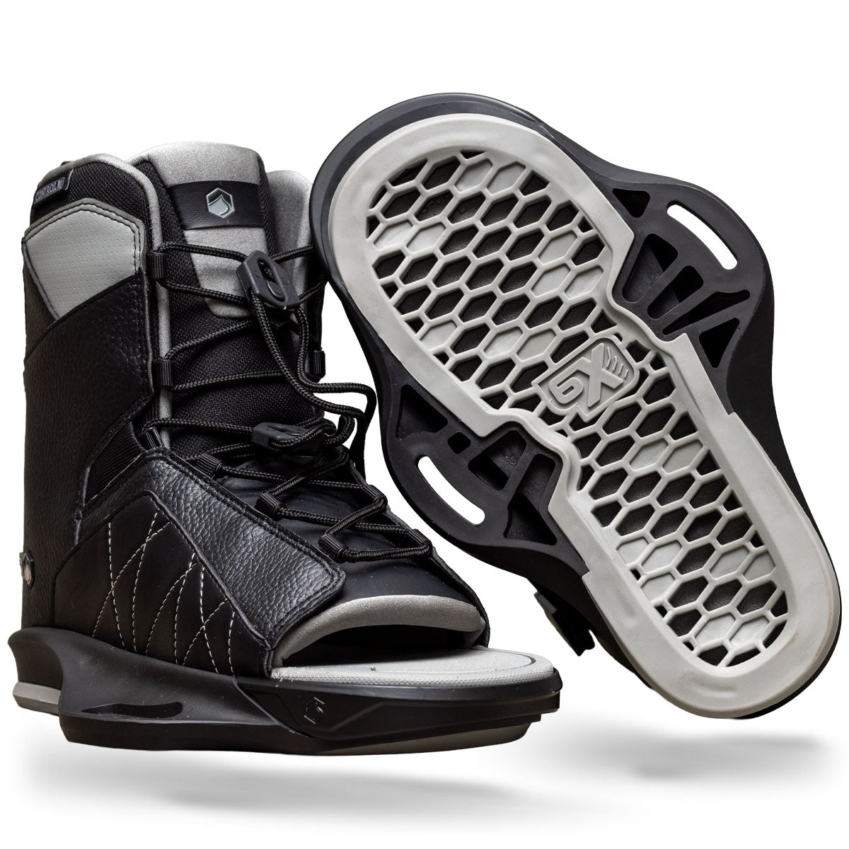 Angled view of Transit 6X black open toe binding with gray sole and tread.