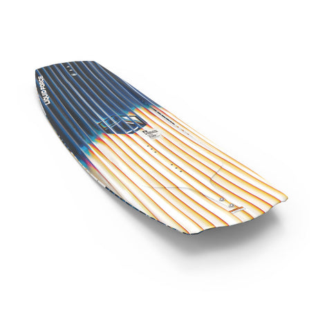 Angled top view of Trip wakeboard showing striped blue and yellow gradient pattern.