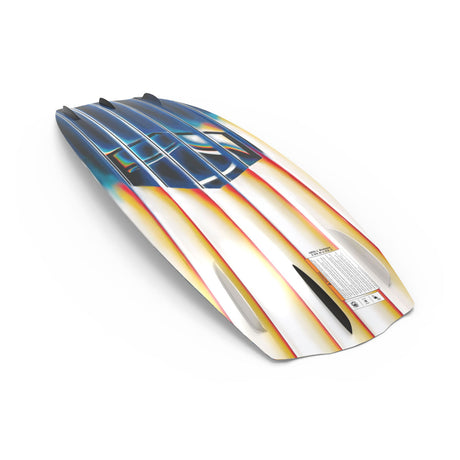 Angled bottom view of Trip wakeboard with fins and striped blue, yellow, and white design.
