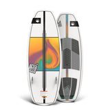 Base and top of the Twin Turbo 4'6" wakesurfer with white base, rainbow swirl graphic, and gray traction pads.
