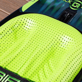 Close-up of the bright green padded knee area on the O'Brien Black Magic Kneeboard.