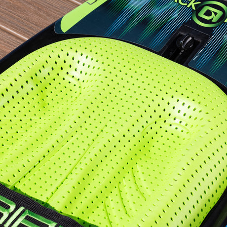 Close-up of the bright green padded knee area on the O'Brien Black Magic Kneeboard.