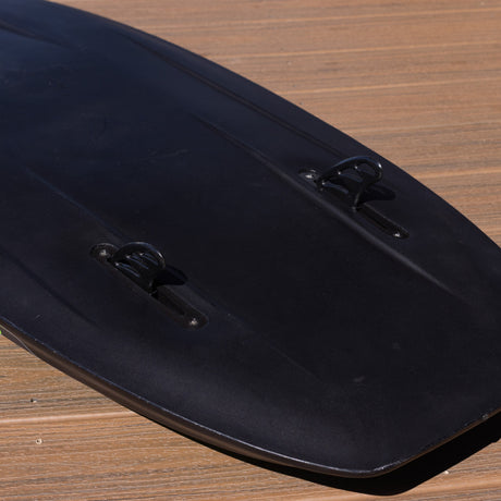Bottom view of the O'Brien Black Magic Kneeboard showing twin black fins.