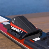 Close-up of a rear toe plate on a celebrity ski on a dock