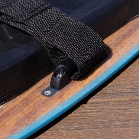 Zoomed view of the strap mounting hardware and sidewall detail on the O'Brien Enforcer Kneeboard.