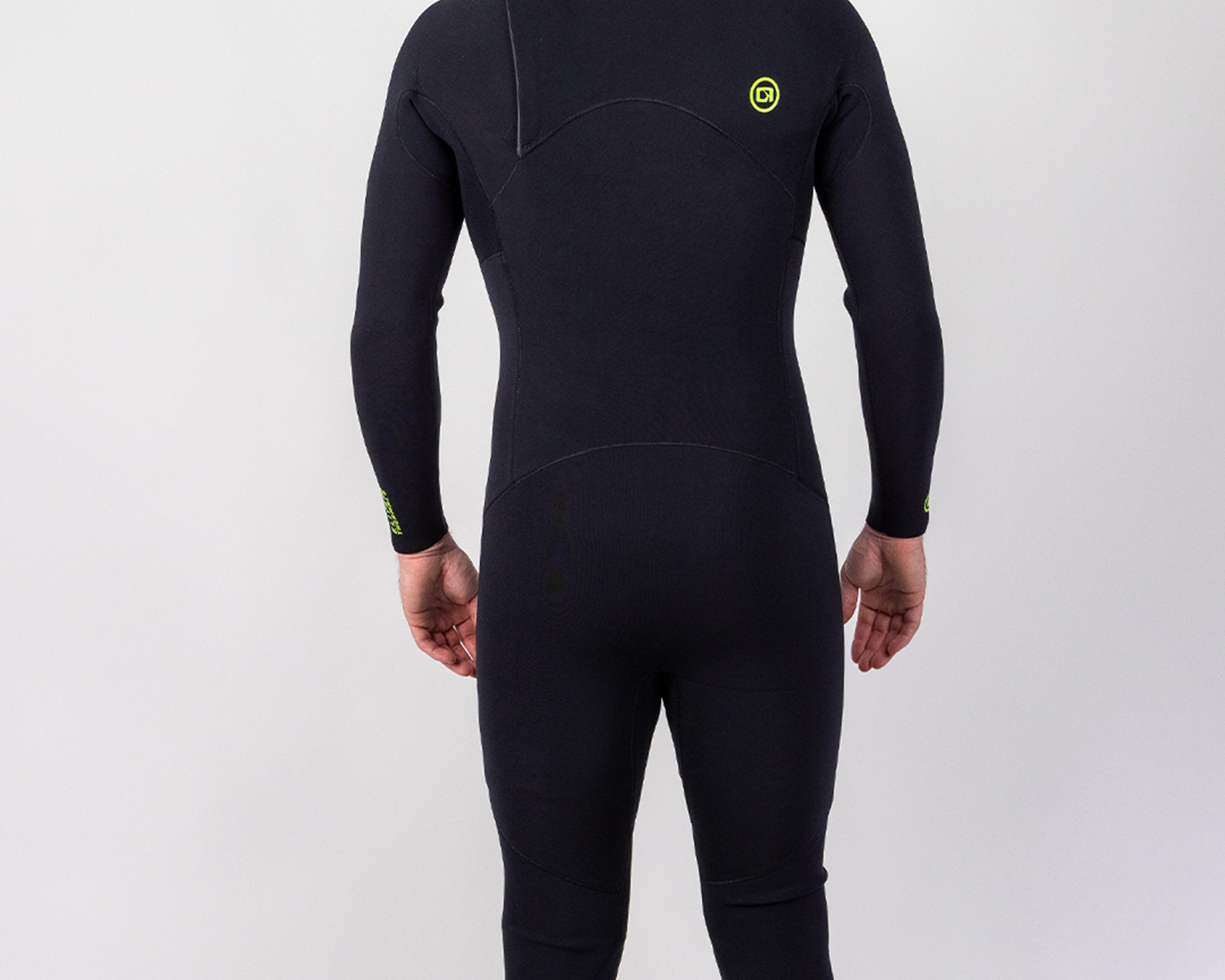 Black wetsuit with a logo on the chest against a white background