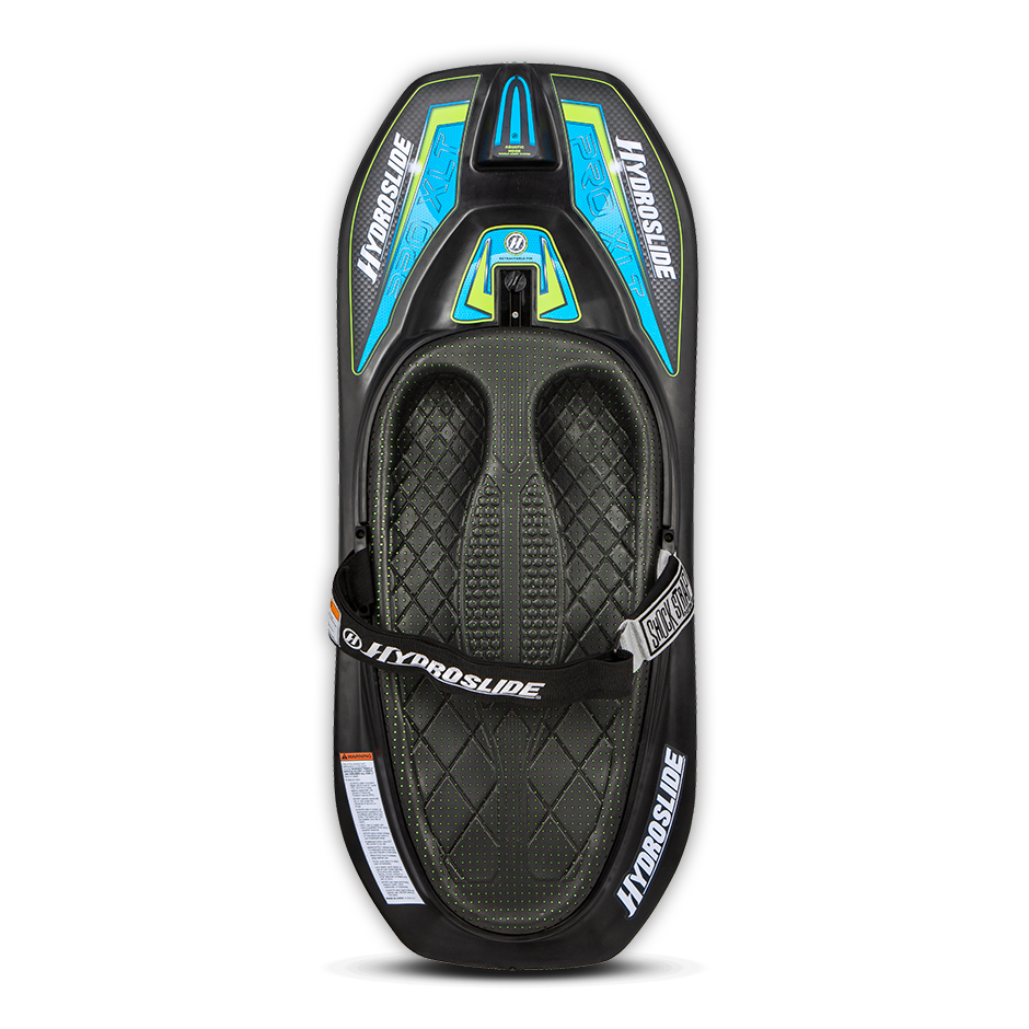 Top view of the Hydroslide Pro XLT Kneeboard in black with blue and green accents and an adjustable strap.