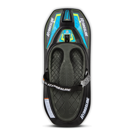 Top view of the Hydroslide Pro XLT Kneeboard in black with blue and green accents and an adjustable strap.