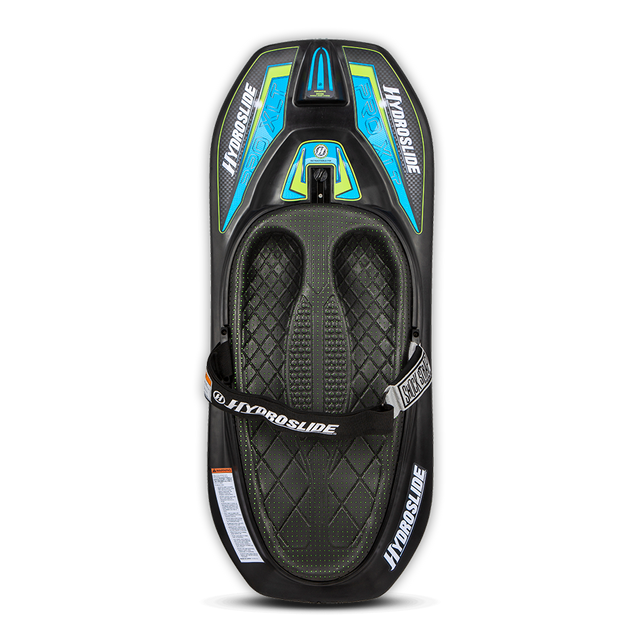 Top view of the Hydroslide Pro XLT Kneeboard in black with blue and green accents and an adjustable strap.