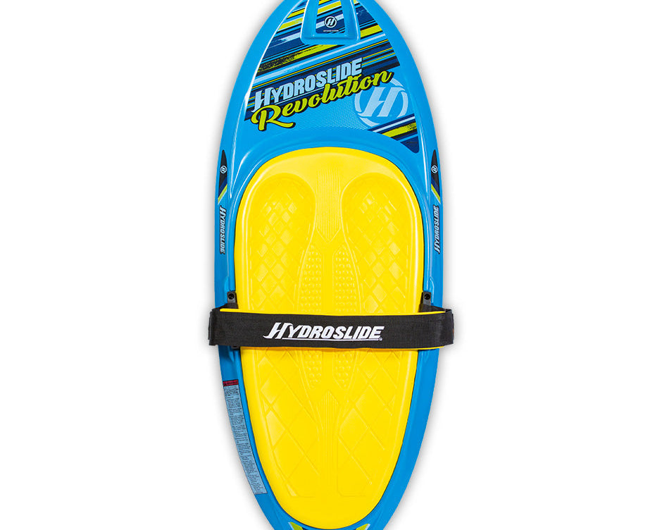 Top view of the Hydroslide Revolution Kneeboard in blue and yellow, featuring a contoured knee pad and adjustable strap.