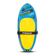 Top view of the Hydroslide Revolution Kneeboard in blue and yellow, featuring a contoured knee pad and adjustable strap.