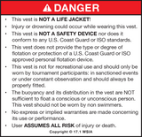 Non Coast Guard Approved Safety Warning Label and Disclaimer stating this product is not an approved flotation device.