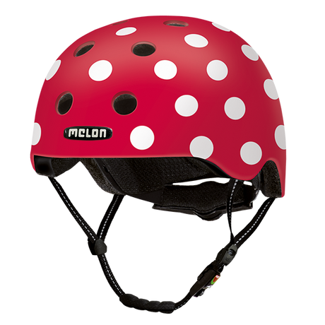 Red Melon Bicycle Helmet with white Polka Dots called "Dotty White"