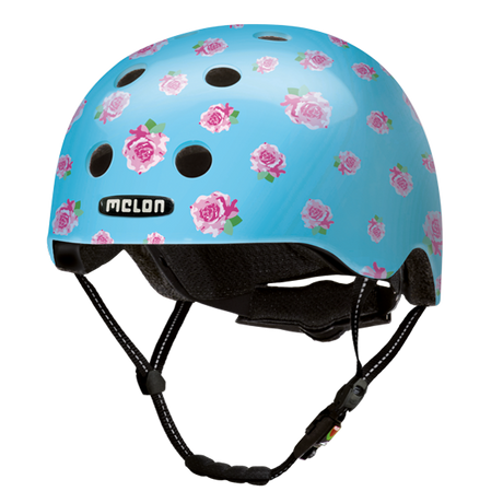 Light Blue Melon Bicycle Helmet with lots of tiny pink roses called "Flying Roses"