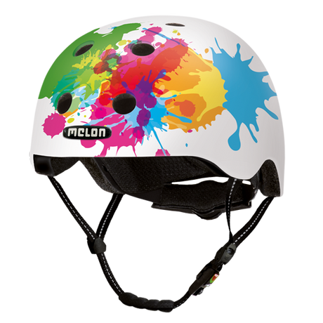 White Melon Bicycle Helmet with colourful splashes of paint in many different colours called "Coloursplash"