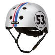 White Melon Bicycle Helmet with red and blue stripes and a number 53 on the side called "Beetle"