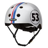 White Melon Bicycle Helmet with red and blue stripes and a number 53 on the side called "Beetle"
