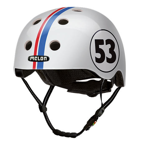 White Melon Bicycle Helmet with red and blue stripes and a number 53 on the side called "Beetle"