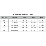 OBrien Pet Vest size chart with XS to XL measurements.