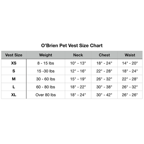 OBrien Pet Vest size chart with XS to XL measurements.