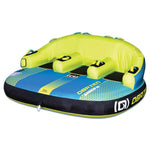 OBrien Barca 3 Boat Tube seats three, in blue and lime green.