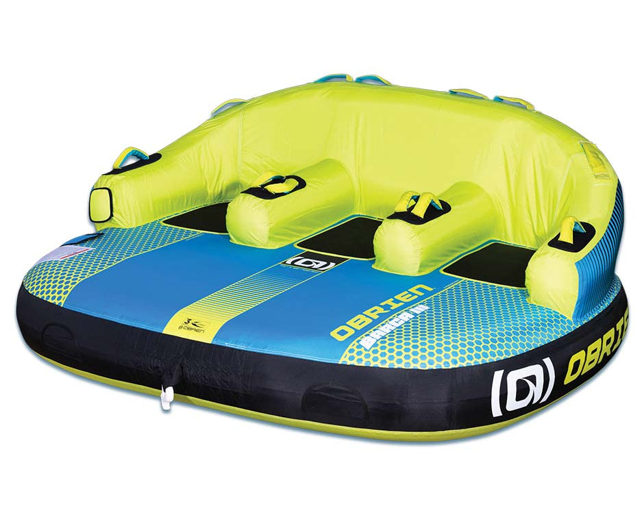 OBrien Barca 3 Boat Tube seats three, in blue and lime green.